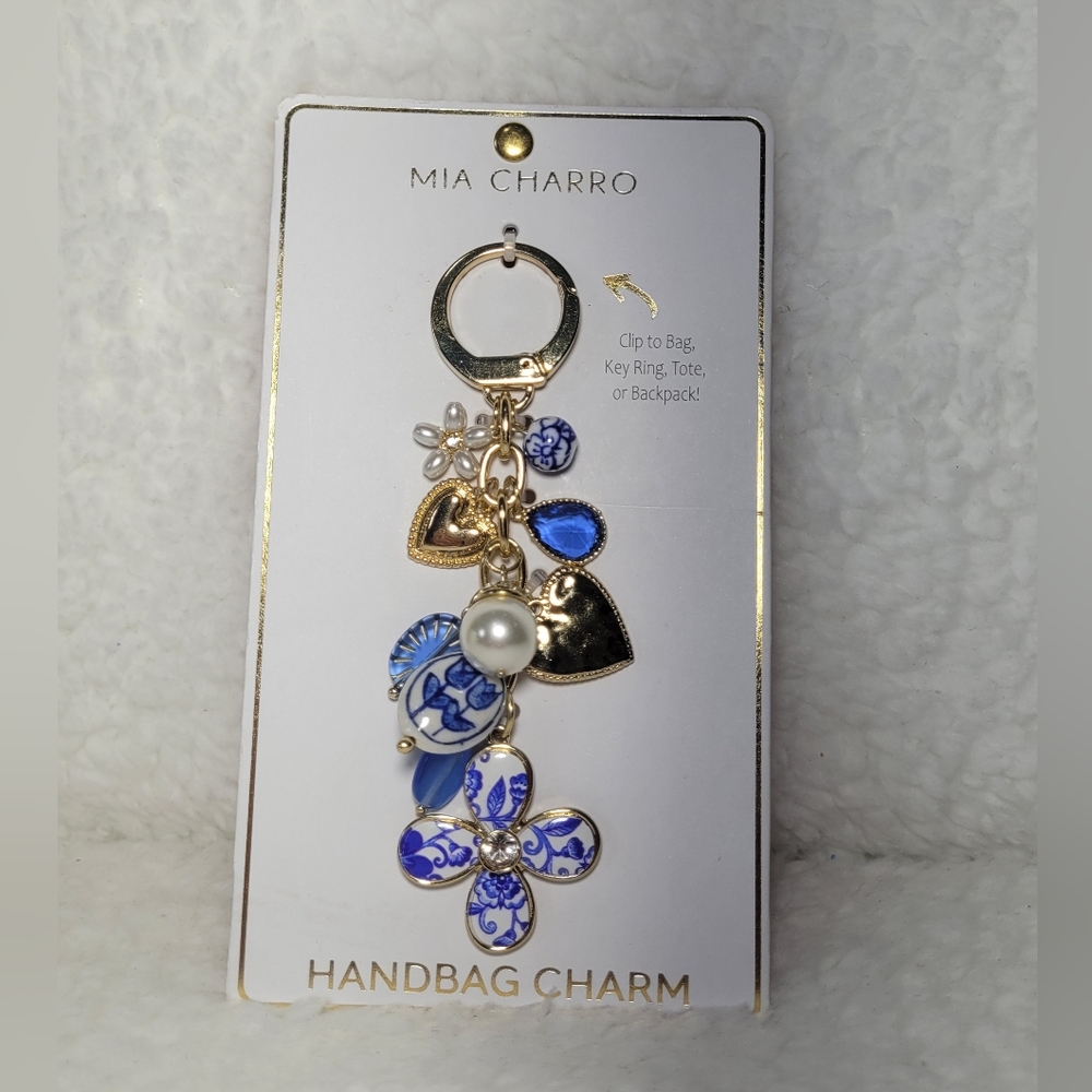 Mia Charro Blue Floral & Gold Handbag Charm Key Holder
